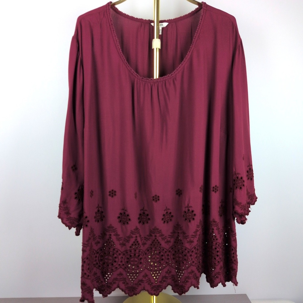 Sonoma Women 3X Tunic Top Burgundy Eyelet Embroidery Scalloped Rayon Boho Blouse